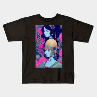 Girl with blue skin surrounded by flowers Kids T-Shirt